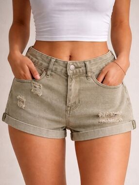 Bullhead Denim Co High Rise Distressed Shorts Sage Olive Green Women’s Size 24